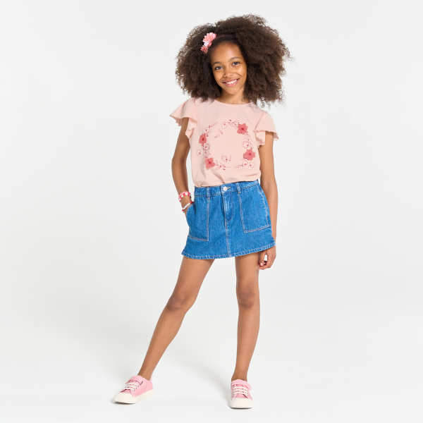 تي شيرت مطرز بأكمام فراشة وردي اللون للفتيات